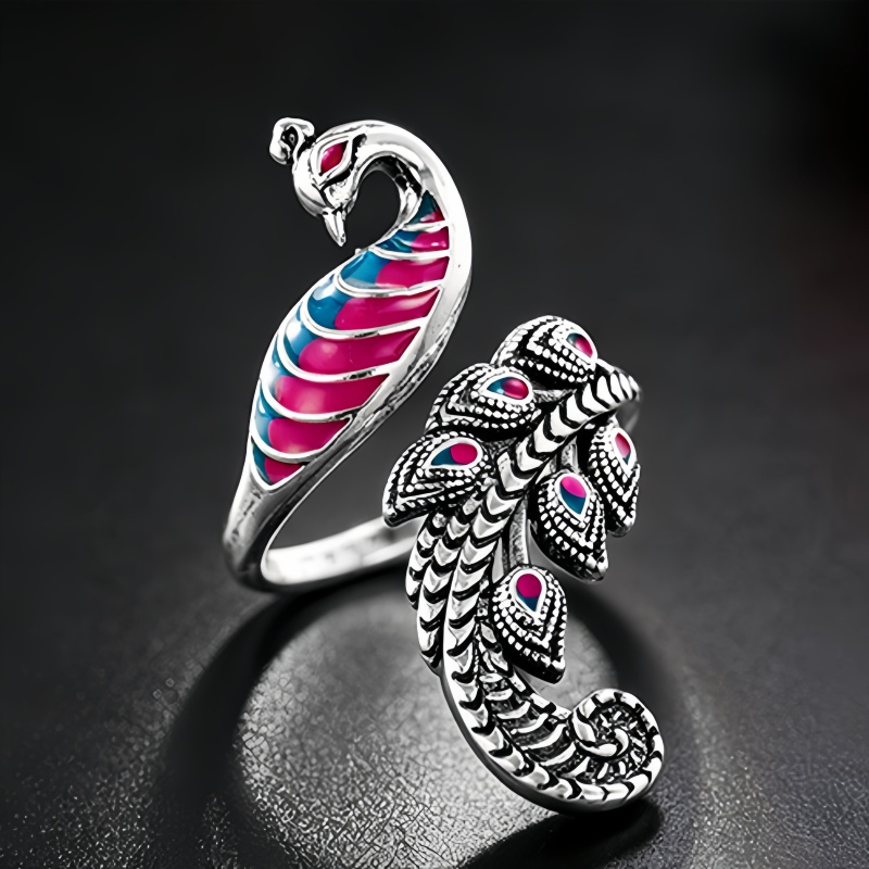 Women's Vintage Peacock Adjustable Open Rooster Ring